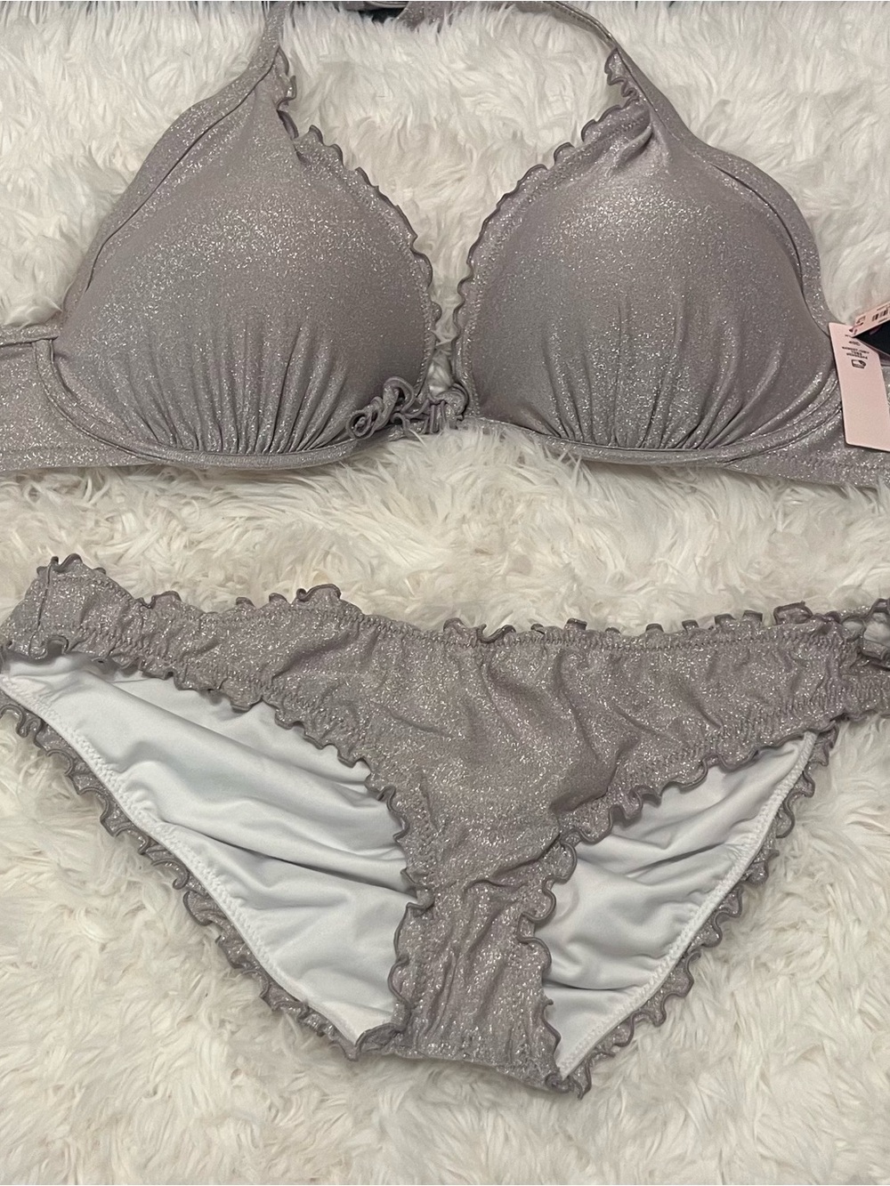 NWT Victoria's Secret Shimmery Silver Ruffle Bikini Set